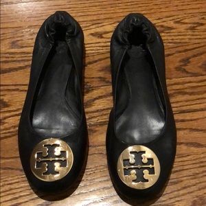 Tory Burch Black and Gold Reva Ballerinas Flats